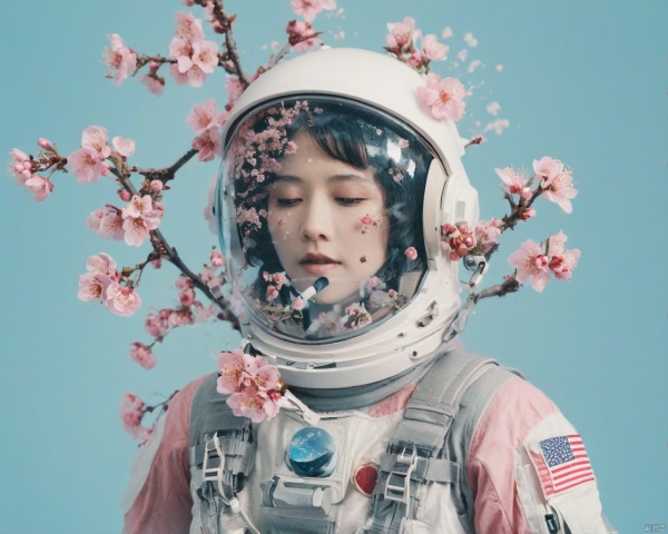 A double exposure photo of a woman astronaut with many pink plum blossoms smoke on her head and shoulders against a light blue floral background. Strange and weird, Double exposure, dark moody atmsophere, The photograph uses double exposure photography with pastel colors and soft lighting with a strong contrast between shadows and highlights. Astronaut helmet. Aestheticized violence, The natural scenery depicts a graceful posture and graceful body movements in the style of in.