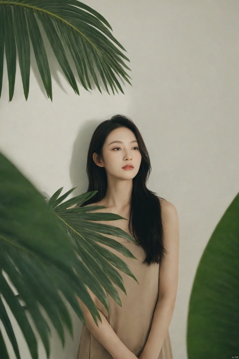  a woman standing in front of a palm leaf, a picture, inspired by Li Fangying, jinyoung shin aesthetic, editorial footage, avatar image, lovely delicate face, beauty retouch, very very very realistic, film