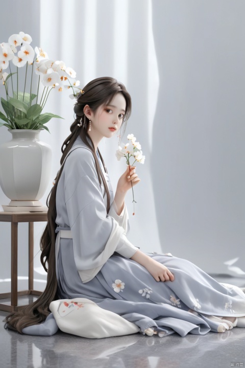  1girl,((white gloves)),solo,sitting,wavy hair,long hair,brown hair,muted color,indoor photography,earrings,(light gray background),white flower,(gray carpet),(full body),(((masterpiece))),(((best quality))),highly detailed,shokei shoujo no virgin road.,((poakl flower style)), liuyifei