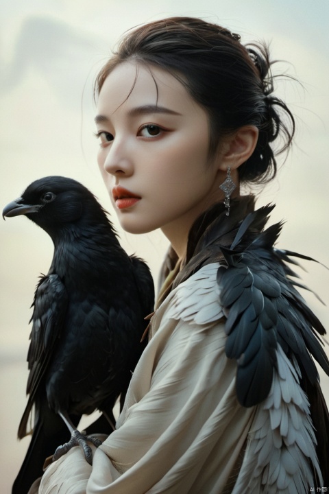  a woman with a bird on her shoulder, a photorealistic painting, by Ye Xin, elegant yellow skin, 8k artistic 1920s photography, 🦩🪐🐞👩🏻🦳, 19-year-old girl, crow, eva
