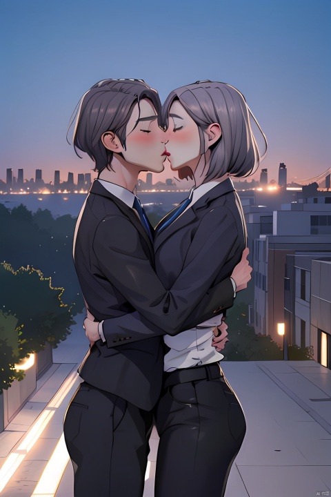  masterpiece,best quality,a couple in a suit and tie are kissing in front of a cityscape with lights in the background,