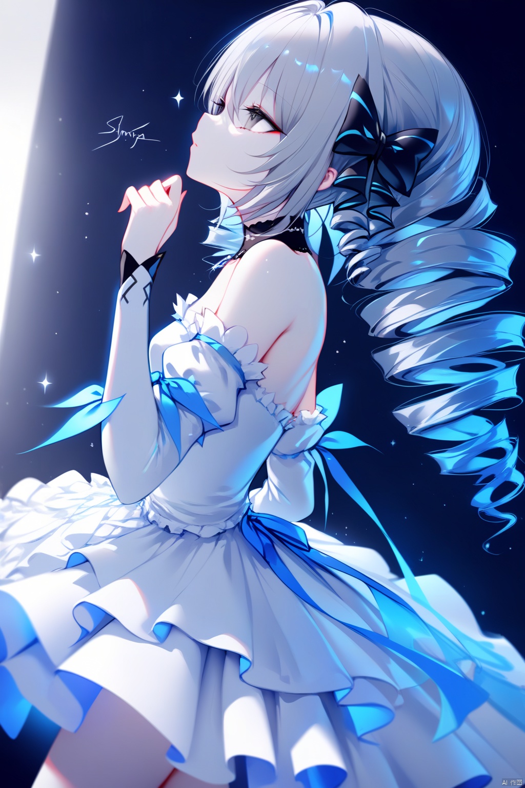  (masterpiece),(best quality),illustration,ultra detailed,hdr,Depth of field,(colorful),[iumu],[Sheya],[Artist chen bin],1girl, solo, long hair, dress, white dress, grey hair, bronya zaychik, drill hair, detached sleeves, signature, looking up, bare shoulders, from side, grey eyes