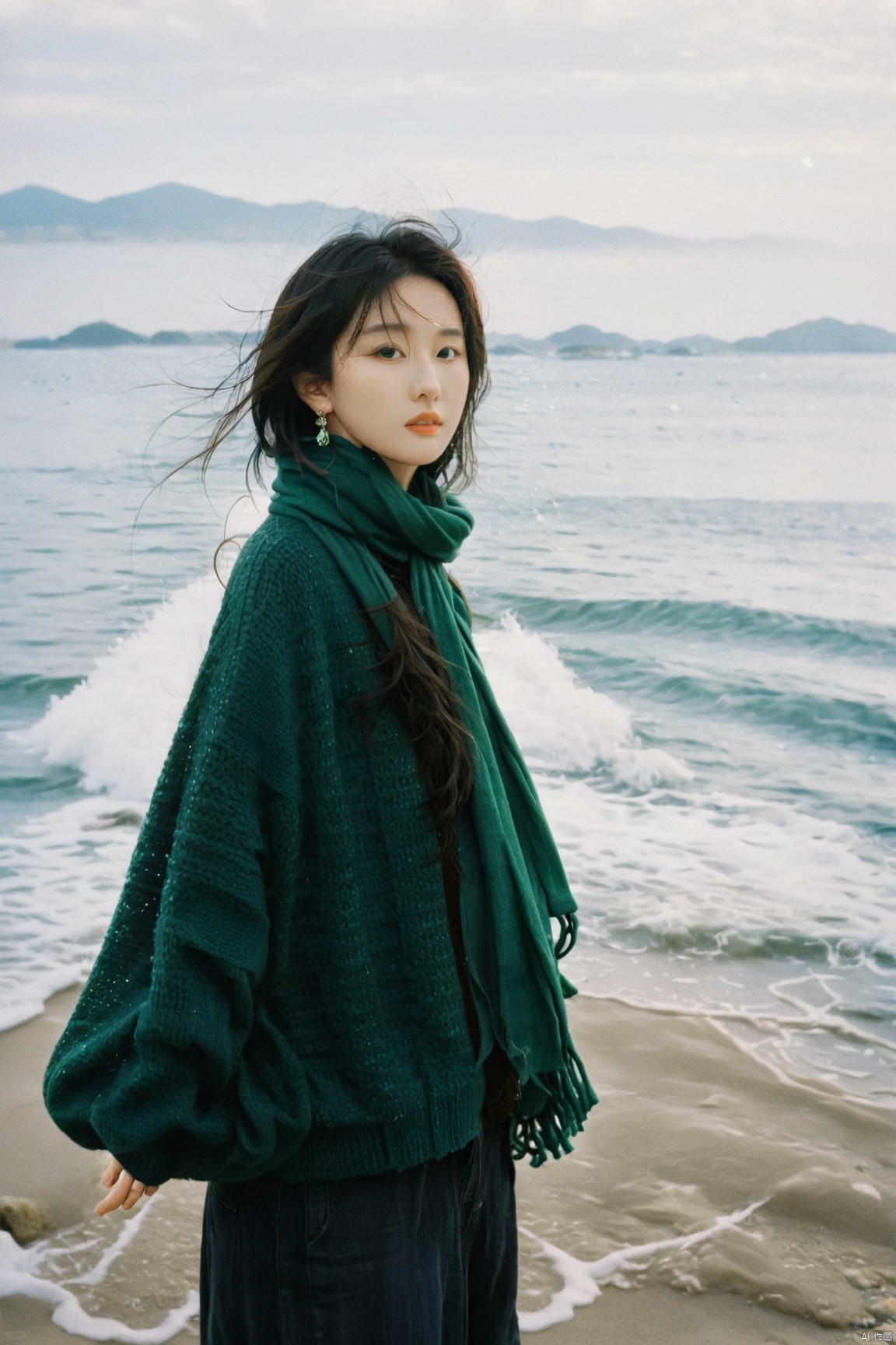  8K,raw,from below,1gril,solo,earrings,(full body:1.3),standing,long legs,sweater,Dark green scarf,sea,The glimmer of the sea,KODAK Ektar 100,(Film grain:1.2),light particles,looking at viewer, 1girl, liuyifei, Professional