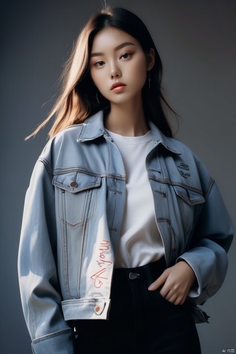  breathtaking analog film photo,(((grey background))),(((slender chin))),((Balenciaga oversized denim jacket with a logo-printed back )),1girl,20 years old,instagram girl,idolmaster,looking at viewer,Flowing cloth,Beautiful dynamic dramatic dark moody lighting,volumetric,shadows,cinematic atmosphere,Octane render,8K,award-winning,professional,highly detailed . faded film,desaturated,35mm photo,grainy,vignette,vintage,Kodachrome,stained,highly detailed, . award-winning, professional, highly detailed
