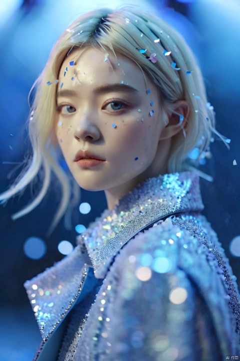 1girl, a woman looking picture of confetti, inspired by Yanjun Cheng, futuristic fashion show, blue color grading, elle fanning), aleksander rostov, incredibly ethereal, marat zakirov, stålenhag, sharpfocus, official valentino editorial, with dramatic lighting, fadeev 8 k, aurora aksnes and zendaya,