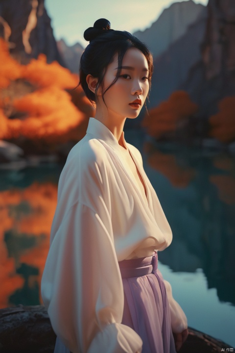  1 young chinese woman oversized pants gradient dream-like,eerie,ethereal,landscapes,magic,photography,photography-color,shallow-depth-of-field by TJ Drysdale Charles Robinson,