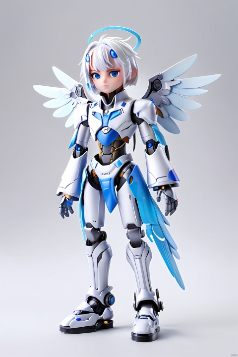  robot boy, 1boy, solo, wings,mecha musume, mechanical wings, white hair, full body, looking at viewer, heterochromia, science fiction,blue eyes, robot joints, joints, feathered wings, 
closed mouth, white background, standing, android,((chinese_clothes))