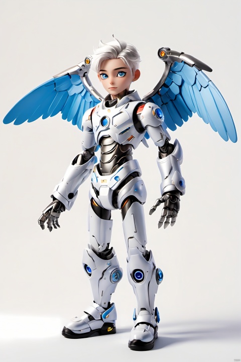 robot boy, 1boy, solo, wings,mecha musume, mechanical wings, white hair, full body, looking at viewer, heterochromia, science fiction,blue eyes, robot joints, joints, feathered wings, 
closed mouth, white background, standing, android,