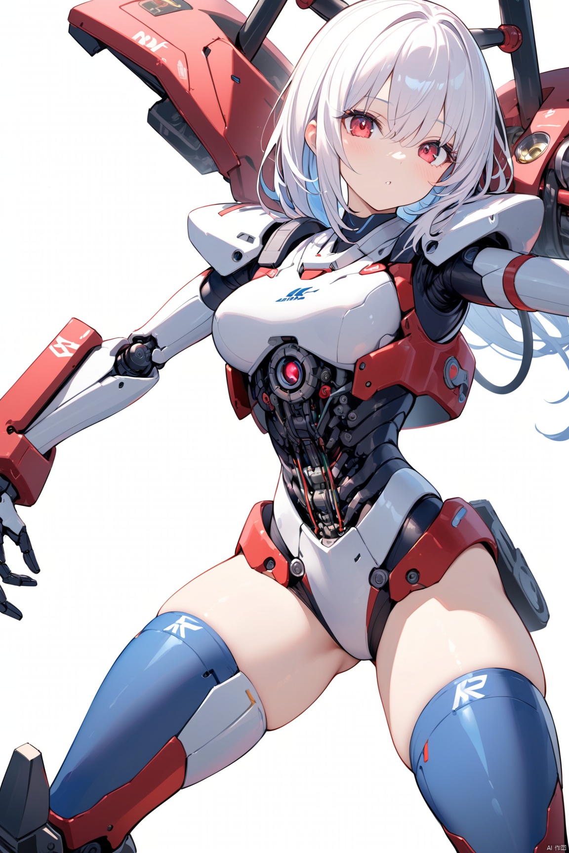  (masterpiece), (best quality), illustration, ultra detailed, hdr, Depth of field, (colorful),loli,Masterpiece, illustration, 8K wallpaper, super detailed, portrait, (full body), (1 girl: 1.5), (solo), Machine Skeleton, white hair, Medium breasts, Beautiful detailed red eyes, (Mechanical heart), (Cable: 1.2), (Transmission tube: 1.2), (artificial eye: 1.3) (white background: 1.8), mecha, Machine Skeleton, natural light, light tracing