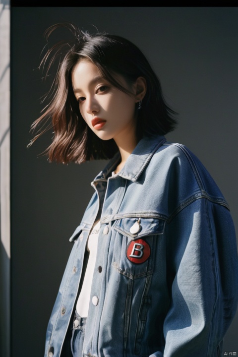  breathtaking analog film photo,(((grey background))),(((slender chin))),((Balenciaga oversized denim jacket with a logo-printed back )),1girl,20 years old,instagram girl,idolmaster,looking at viewer,Flowing cloth,Beautiful dynamic dramatic dark moody lighting,volumetric,shadows,cinematic atmosphere,Octane render,8K,award-winning,professional,highly detailed . faded film,desaturated,35mm photo,grainy,vignette,vintage,Kodachrome,stained,highly detailed, . award-winning, professional, highly detailed
