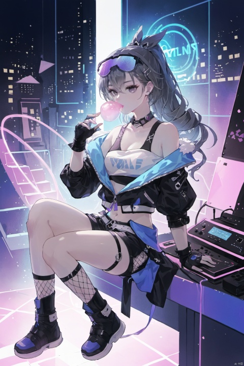  masterpiece,best quality,1 synth wave style girl,blue outline,streets with neon lights,blue fluorescent coatings,solo,from above,cowboy shot,sitting on the top of the building,extremely detailed CG,flat color,limited palette,noline art,silhouette,partially colored,alternate color,dynamic angle,blue long upper shan,dark violet shadow,synth wave,chromatic aberration,(solo focus),perfect shadow,wearing an off- shoulder floating jacket,delicate face,bare shoulder,beautiful and delicate eyes,delicate background,blue neon light, 

yinlang, bronya zaychik, eyewear on head, grey eyes, jacket, shorts, drill hair, fingerless gloves, navel, grey hair, long hair, mesh socks,bubble blowing, chewing gum,