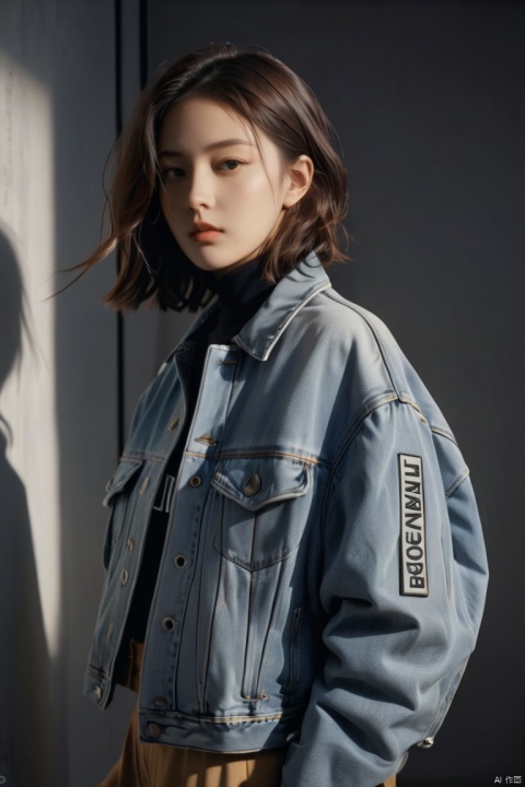  breathtaking analog film photo,(((grey background))),(((slender chin))),((Balenciaga oversized denim jacket with a logo-printed back )),1girl,20 years old,instagram girl,idolmaster,looking at viewer,Flowing cloth,Beautiful dynamic dramatic dark moody lighting,volumetric,shadows,cinematic atmosphere,Octane render,8K,award-winning,professional,highly detailed . faded film,desaturated,35mm photo,grainy,vignette,vintage,Kodachrome,stained,highly detailed, . award-winning, professional, highly detailed
