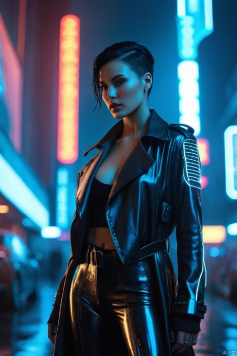  Full body, panoramic view, confident standing, dynamic poses,digital art, futuristic portrait, cyberpunk female character, ((Close_Up)), ((Mysterious_Gaze)), striking features, cybernetic enhancements, augmented reality lenses, glowing tattoos under UV light, leather trench coat with built-in neon piping, high-tech weaponry holster, sleek black hair styled in a futuristic mohawk, urban decay background with holographic billboards, gritty atmosphere, rain-soaked streets reflecting city lights, detailed facial expression conveying confidence and intensity, intricate mechanical arm prosthesis, dynamic pose, vibrant color contrast, intense chiaroscuro lighting, digital makeup effects, 8K resolution, realistic textures, cinematic depth of field, lens distortion, vaporwave accents, echoes of Blade Runner style, edgy yet elegant, gritty cyberpunk realism.