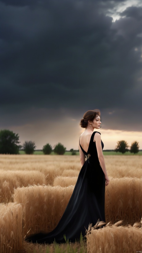  elegant woman in a black evening gown standing in a field, overcast sky, dusk, solitary and mysterious atmosphere, graceful yet melancholic posture, high-quality digital photography, soft lighting, outdoor, natural landscape, dramatic, emotional tension, best quality, ultra highres, original, extremely detailed, perfect lighting