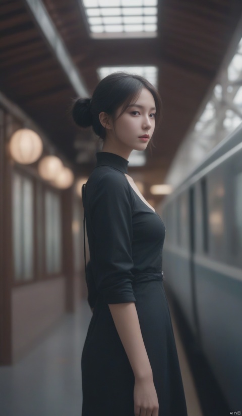  chinese girl,photograph,hyperrealism,cinematic color grading,cyberpunk,1girl,woman,beautiful,brightly lit interior,in a Romantic Goth train station, film