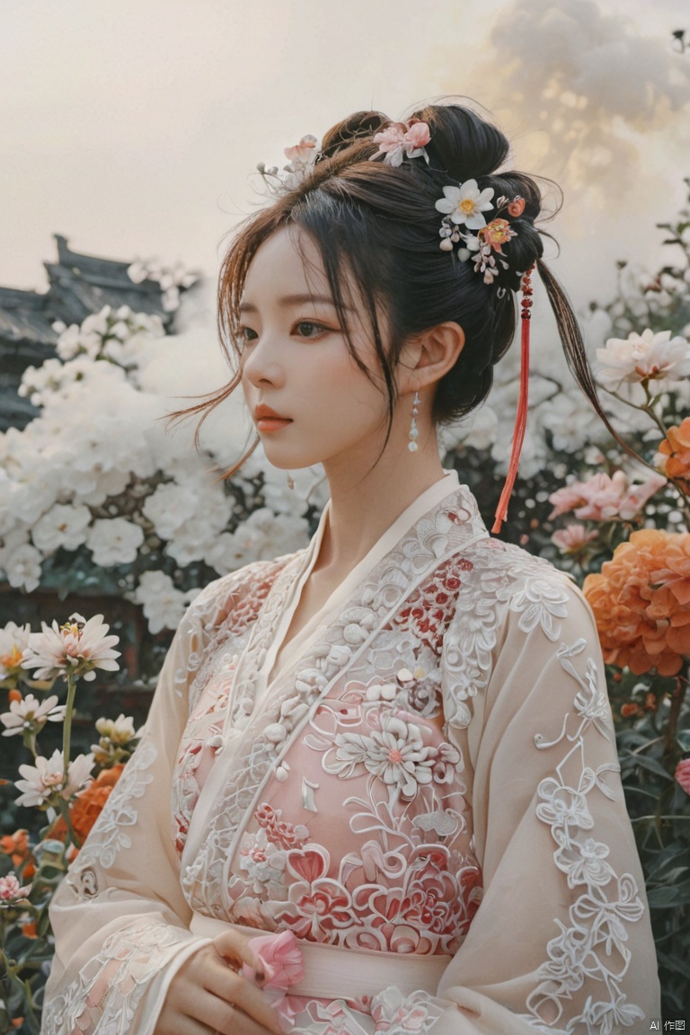  film grain analog photography,, 1girl, solo, hanfu, ancient_chinese_architecture, flower field, blossom, (white smoke:1.3) (photorealistic:1.4), zentangle, mandala, entangle, official art, unity 8k wallpaper, ultra detailed, beautiful and aesthetic, masterpiece,best quality, (dynamic angle:1.4), glowing skin, (floating colorful sparkles:1) the most beautiful form of chaos, elegant, a brutalist designed, vivid colours, romanticism depth of field exotic_dance pink hair