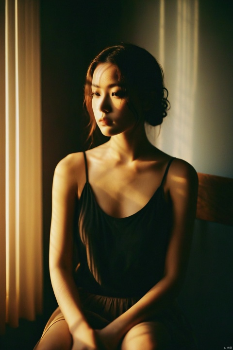  best quality,film grain,1girl, candlelight, moody lighting, dark atmosphere, black tank top, seated, wooden chair, contemplative expression, indoors, night, shadows, window blinds, soft focus, warm color tones, vintage look, young *****, serene, elegant, mysterious