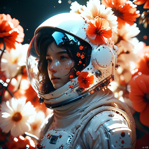  cinematic photo, perfectly centered girl portrait detailed astronaut with flowers explosion helmets,anatomical drawing,dripping paint,coquelicot color,volumetric lighting,unreal engine,blender model,3d model,incredible bokeh . 35mm photograph,film,bokeh,professional,4k,highly detailed,