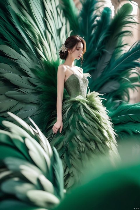  1girl,a gorgeous long dress made of feathers,green feather,huge feathers,complex background,beautiful background,(feathers everywhere:1.3),depth of field level,