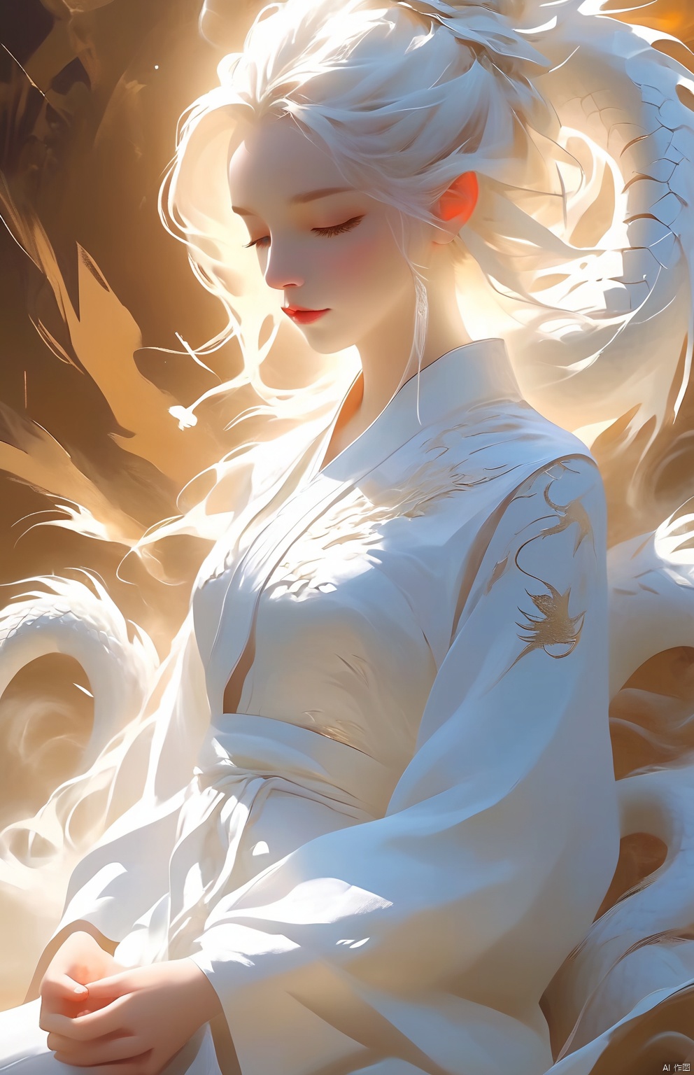  1 girl, meditating ,full body,(white Dragon), ((poakl))
