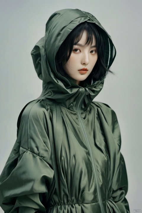 Fine art photography of a beautiful slender Japanese model wears high-fashion custome designed by Rei Kawakubo, short black hair, multiple soft lighting, greenish gray background, matte thick fabric, inflated, multilayered, puffy, intricated, hooded, expressive, portraits, vivid
