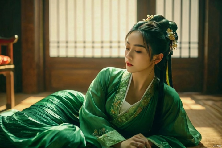  professional 3d model cinematic still a girl in green hanfu,laying down,indoors. emotional, harmonious, vignette, 4k epic detailed, shot on kodak, 35mm photo, sharp focus, high budget, cinemascope, moody, epic, gorgeous, film grain, grainy. octane render, highly detailed, volumetric, dramatic lighting, advanced light, magical, atmosphere, beautiful, great composition, dynamic, ambient, lively, intricate, full color, perfect background, best, created professional, vivid, creative, positive, joyful, unique, awesome, aesthetic, pure, symmetry, clear, artistic, surreal, inspired, whole colors, illuminated, extremely colorful, iconic