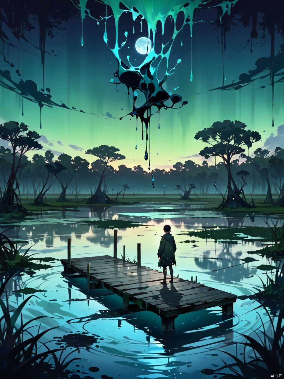 ink splashes, drips, surreal, a man standing on a dock in swampy wetlands, at a distance, moonlit, lonely,
