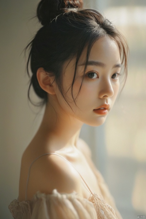  Surreal,film photography aesthetic,vintage aesthetic,A soft-focus portrait, a young Asian woman, delicate features, large expressive eyes, a gaze directly engaging the viewer, hair styled in a messy bun, sheer black attire allowing a hint of skin, natural light casting a warm glow, subtle high-key tones, emphasis on innocence and allure, ethereal and dream-like aesthetic, gentle blur imparting a sense of intimacy and softness, composition highlighting the subject's upper body and face, minimalist background ensuring focus remains on the woman's visage and poise.,