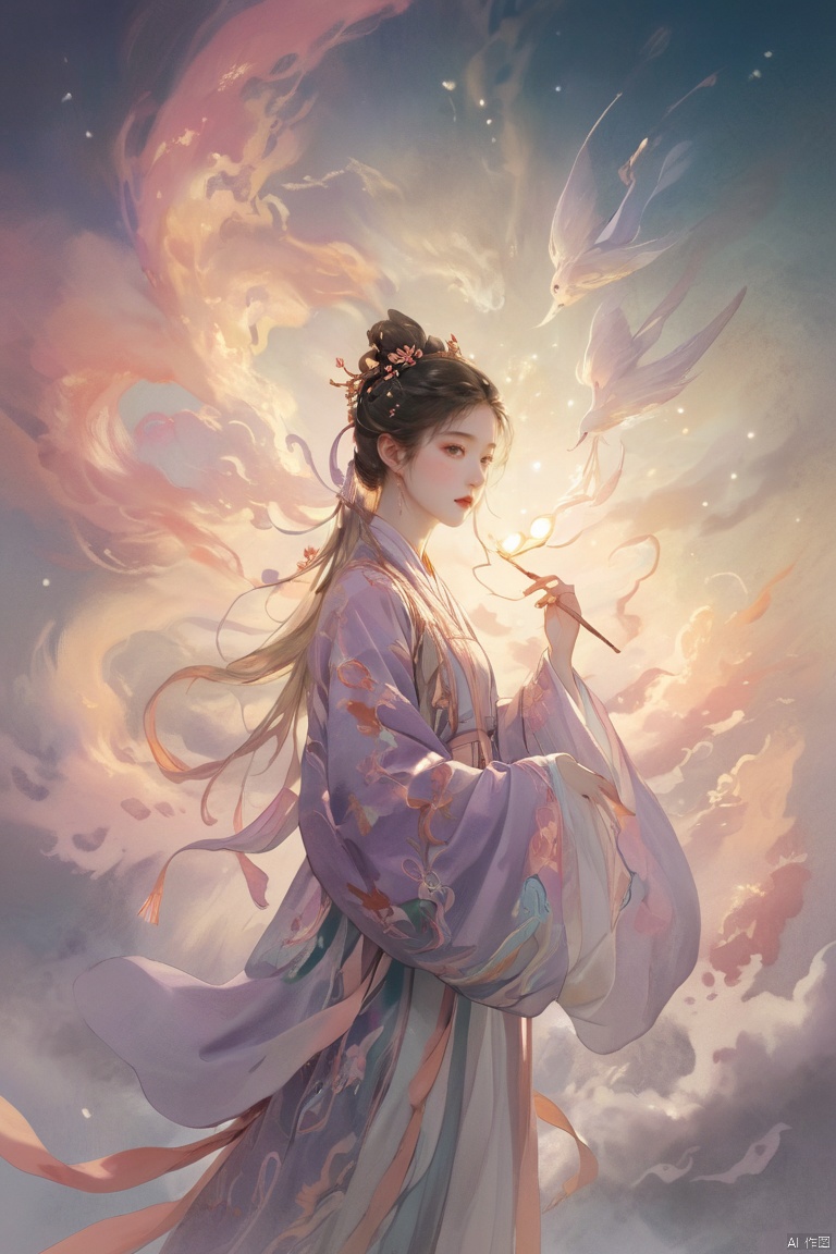  ethereal fantasy concept art of The woman in hanfu. magnificent,celestial,ethereal,painterly,epic,majestic,magical,fantasy art,cover art,dreamy,elegant,cinematic,saturated colors,ambient dramatic atmosphere,sharp focus,extremely detailed,fine detail,stunning composition,creative,colorful,complex,magic,full color,intricate,Seven colored clouds,Look in the camera,nvwa,Face up,