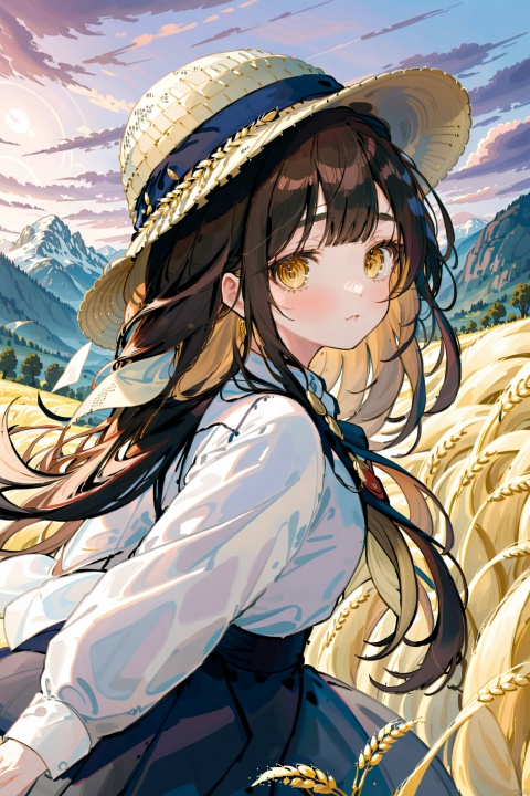  (((high detail))), best quality, 1girl,full frame, working in the golden wheat field, straw hat,dark brown long flowing hair blowing in the wind, mountains in the far background, sunset