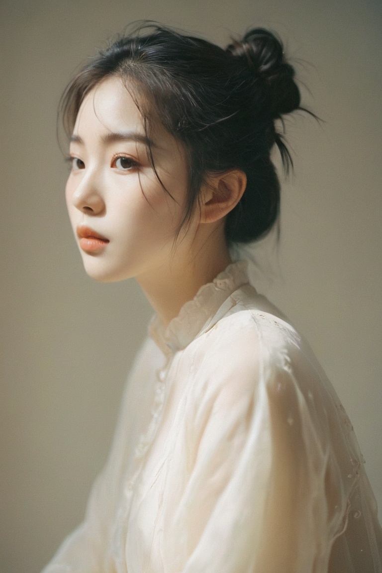  Surreal,film photography aesthetic,vintage aesthetic,A soft-focus portrait, a young Asian woman, delicate features, large expressive eyes, a gaze directly engaging the viewer, hair styled in a messy bun, sheer black attire allowing a hint of skin, natural light casting a warm glow, subtle high-key tones, emphasis on innocence and allure, ethereal and dream-like aesthetic, gentle blur imparting a sense of intimacy and softness, composition highlighting the subject's upper body and face, minimalist background ensuring focus remains on the woman's visage and poise.,