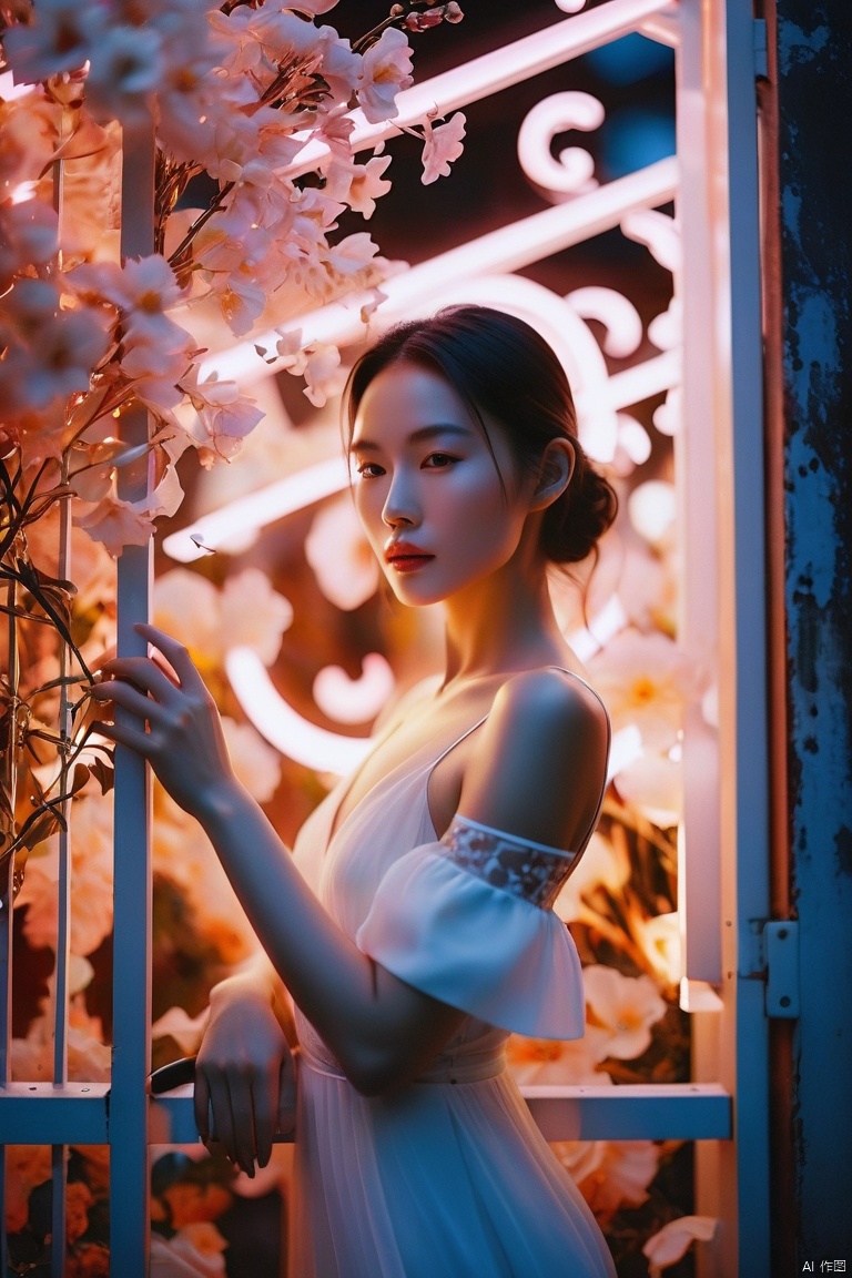  FP100C,An elegant and sexy white ghost android woman,glowing eyes、 an enigmatic aura, mechanical arm、surrounded by shadows and soft fiery light, in a magnificent huge metal and neon floral arrangement gate, reminiscent of the Fuji Provia 100F aesthetic, a delicate play of light and dark that creates a sense of mystery. An ethereal, graceful, and enchanting presence filled with a sense of mystery and sensuality.LEDs like galaxies,(wind:1.15),Huge engines,erosion