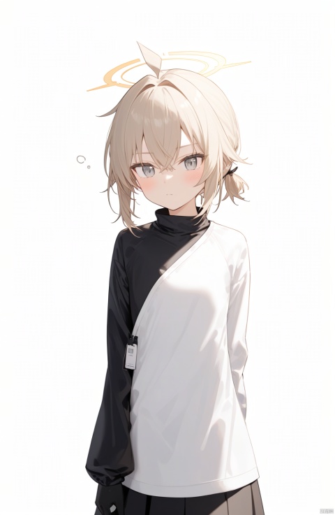  rurudo, 1girl, solo, grey eyes, white background, long sleeves, white hair, simple background, clear face, black gloves, thinking,one arm behind back,a halo overhead