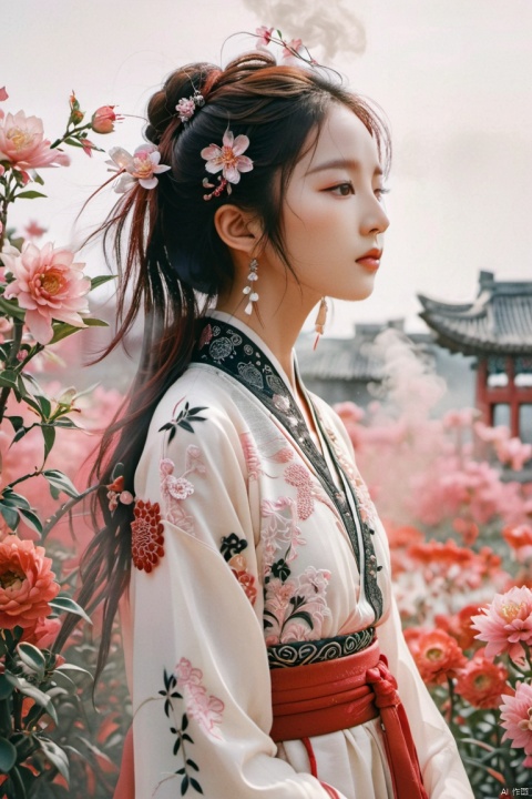  film grain analog photography,, 1girl, solo, hanfu, ancient_chinese_architecture, flower field, blossom, (white smoke:1.3) (photorealistic:1.4), zentangle, mandala, entangle, official art, unity 8k wallpaper, ultra detailed, beautiful and aesthetic, masterpiece,best quality, (dynamic angle:1.4), glowing skin, (floating colorful sparkles:1) the most beautiful form of chaos, elegant, a brutalist designed, vivid colours, romanticism depth of field exotic_dance pink hair