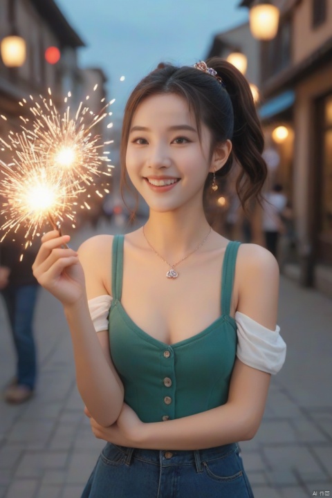  4k, photo, realistic, best quality,highres, ultra-detailed,ultra high res,((photorealistic, 8K)),from above,

(beauty teen girl:1.6), liuyifei,
huge breasts , teen face,twin tails, smile, aqua_eyes, 
(fair skin), Tender skin, perfect breasts, 

a jade pendant around neck, standing , 
 leg_lift, hand hold a firework ,
In the square, fireworks are in the sky, colorful lights, and lively crowds, film, monkren, sunlight, Professional,Film