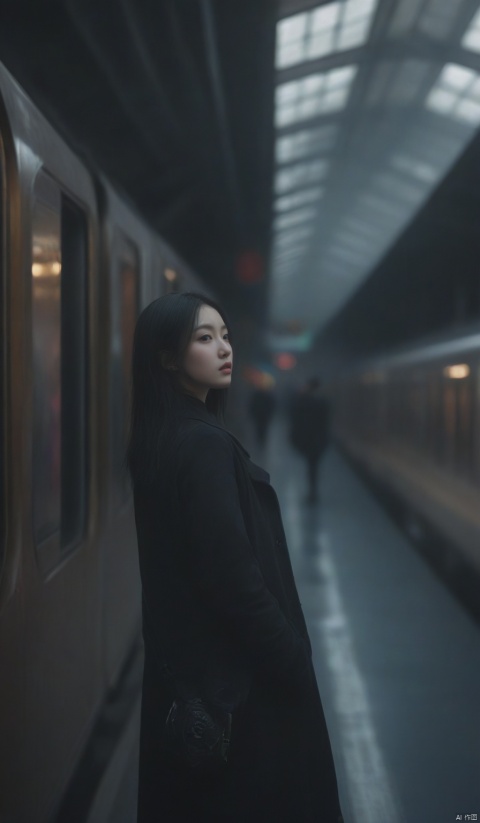  chinese girl,photograph,hyperrealism,cinematic color grading,cyberpunk,1girl,woman,beautiful,brightly lit interior,in a Romantic Goth train station,