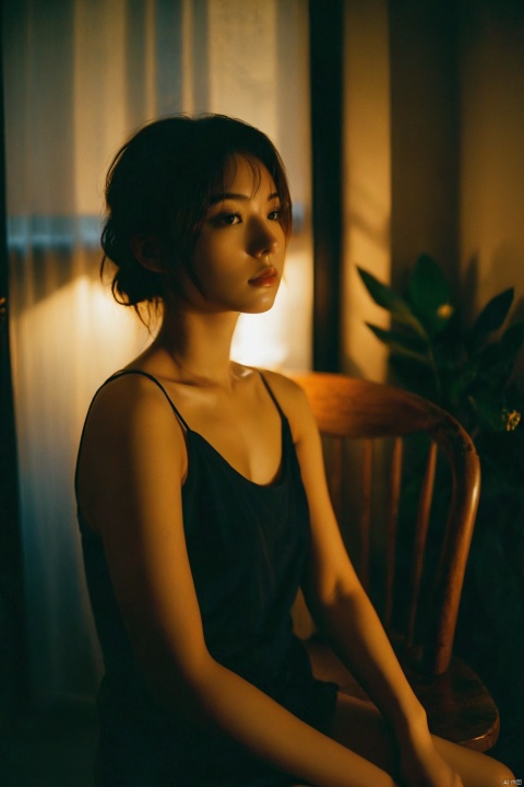  best quality,film grain,1girl, candlelight, moody lighting, dark atmosphere, black tank top, seated, wooden chair, contemplative expression, indoors, night, shadows, window blinds, soft focus, warm color tones, vintage look, young *****, serene, elegant, mysterious, angle fisheye