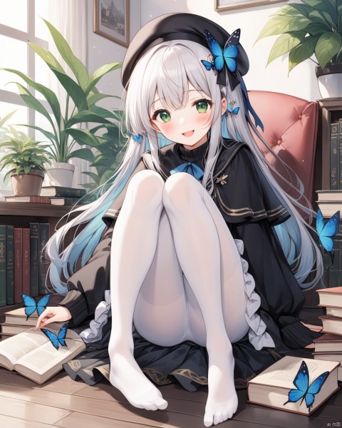  chen bin, 1girl, solo, green eyes, long hair, bug, book, hair ornament, hat, white pantyhose, butterfly, no shoes, looking at viewer, pantyhose, feet, blush, long sleeves, bangs, sitting, black headwear, white hair, skirt, ahoge, x hair ornament, hair between eyes, open mouth, smile, blue butterfly, capelet, sweater, sleeves past wrists, hairclip, beret, book stack, :d, very long hair, black capelet, black skirt, knees up, legs, toes, can, hand on own knee, frills, between legs, soles, bow, indoors, hand between legs, plant, puffy long sleeves