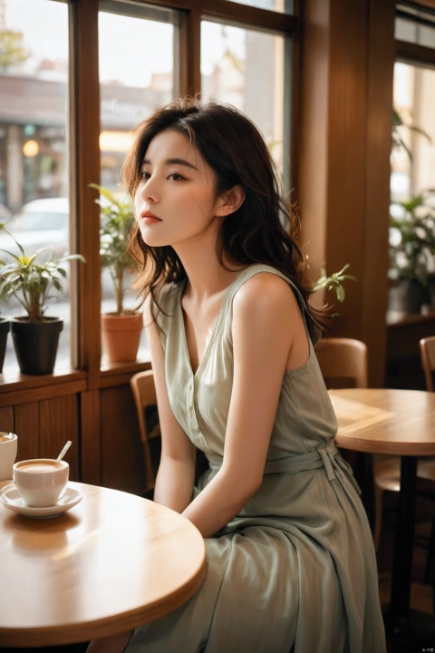  The image showcases a serene scene with a young woman as the main subject. She is seated on a caramel-colored booth in what appears to be a modern café setting, bathed in warm, natural sunlight that streams in through a large window to her right. The sunlight enhances the peaceful ambiance and casts soft shadows across the space. The woman, likely of East Asian ethnicity, has shoulder-length dark hair and is wearing a sleeveless, knee-length pale green dress with a subtle sheen that suggests it's made of a soft, lightweight fabric. Her pose is relaxed and contemplative; she's looking downwards with a gentle, introspective expression, giving the impression of a quiet moment of reflection. In the foreground, there's a small wooden table holding two empty espresso cups suggesting the woman might have shared a social moment prior to the scene captured. Next to her, small potted plants add a touch of greenery, contrasting the earthy tones of the interior. The image exudes a sense of calm, understated elegance, and the interplay of light and shadow creates a visually pleasing composition that invites viewers to appreciate the tranquility of the moment.