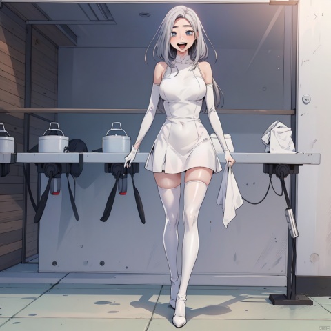  masterpiece, best quality, 1girl, loli,Tianqi Ji,solo, long hair, breasts, looking at viewer, smile, open mouth, bangs, blue eyes, thighhighs, gloves, dress, bare shoulders, full body, white hair, :d, boots, wings, fingerless gloves, white dress, headgear, white footwear, mecha musume,Washing clothes at home,