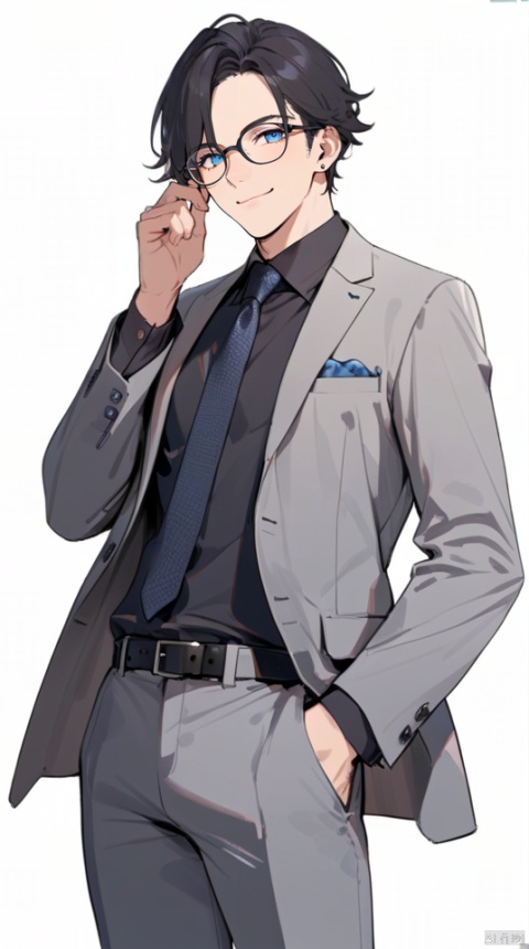  (best quality), ((masterpiece)), (highres), illustration, original, extremely detailed,jjj,solo, male focus, 1boy, necktie, glasses, adjusting eyewear, shirt, belt, white background, looking at viewer, simple background, pants, formal, blue eyes, black hair, grey jacket, long sleeves, smile, hand in pocket, suit, jacket, black belt, black shirt, dated, hand up, short hair, closed mouth, grey pants, collared shirt