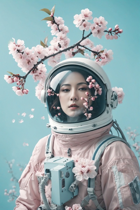  A double exposure photo of a woman astronaut with many pink plum blossoms smoke on her head and shoulders against a light blue floral background. Strange and weird, Double exposure, dark moody atmsophere, The photograph uses double exposure photography with pastel colors and soft lighting with a strong contrast between shadows and highlights. Astronaut helmet. Aestheticized violence, The natural scenery depicts a graceful posture and graceful body movements in the style of in.