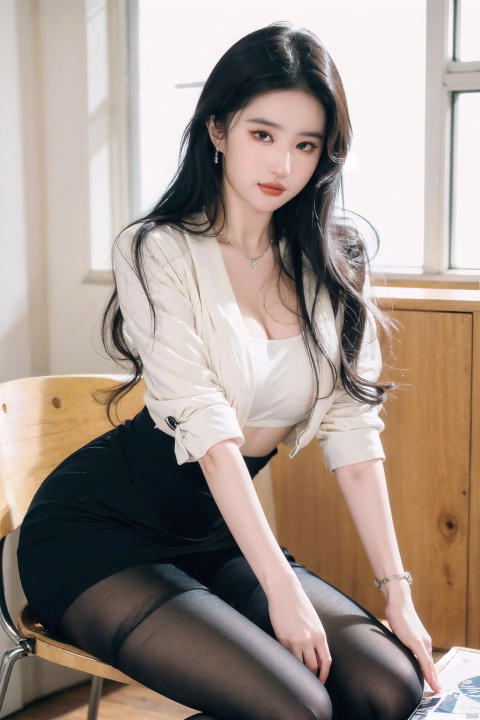  (upper body:1.3), liuyifei,flowers,masterpiece, best quality, ultra-detailed, ultra high res,8k, (photorealistic:1.2), RAW photo, extremely detailed, 1 girl, (18_years_old),(172cm tall), (((elegant))), (round face:1.3), (long hair), black hair, curly hair, seductive smile, beautiful detailed eyes, beautiful detailed face,(white shirt),suit jacketlexious,necklace,diamond ring,bracelets,earrings, large breasts, slender waist, long legs,thick legs,plump,strong abs,(high heels:1.3),(pantyhose:1.3),(in the office),sitting on a chair,cross legs,lighting on face, bright back lighting,
