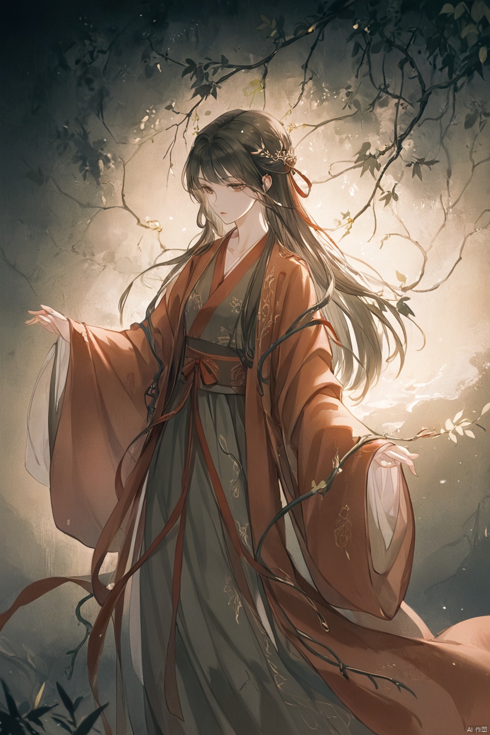  Fashion editorial style a asian girl with hanfu ruqun,Jin style, joint brand, ribbon, Withered leaves, old vines, plant illustration, splash ink,High fashion, trendy, stylish, editorial, magazine style, professional, highly detailed, cinematic lighting, Dramatic lighting, concept art,