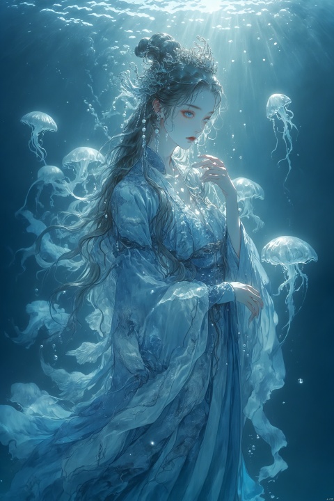  Knight errant fantasy style, blue dream, underwater photography, jellyfish emitting blue fluorescence floating freely in the sea, bright moonlight shining down through the sea level, forming the aesthetic Tindall effect, a mermaid wearing a blue Chinese gown, (ice blue, ancient Chinese clothes, gorgeous accessories), (blue long hair into a Chinese bun, wearing a headdress made of pearls and silver), (blue eye shadow, bright eyes, beautiful pattern decoration on the face, mysterious and noble: 1.3), The horn is floating under the flow of water: 1.4). The blue particle special effect, the extreme light and shadow texture, like the most beautiful creature in the myth, surreal, super detailed performance,