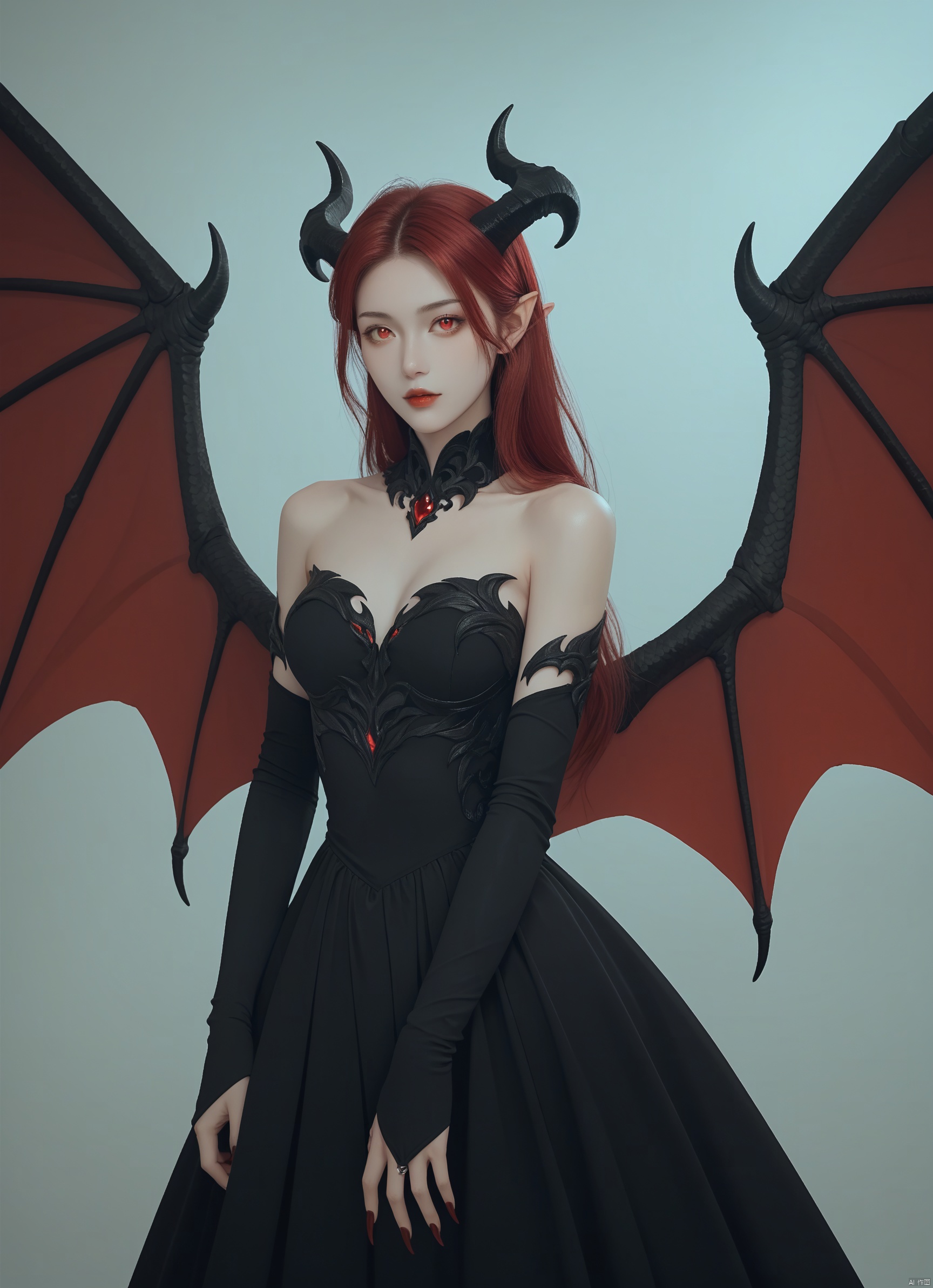 (score_9,score_8_up,score_7_up),1girl, girl demon, red hair, red eyes, wings, claws, black dress, beautiful_face