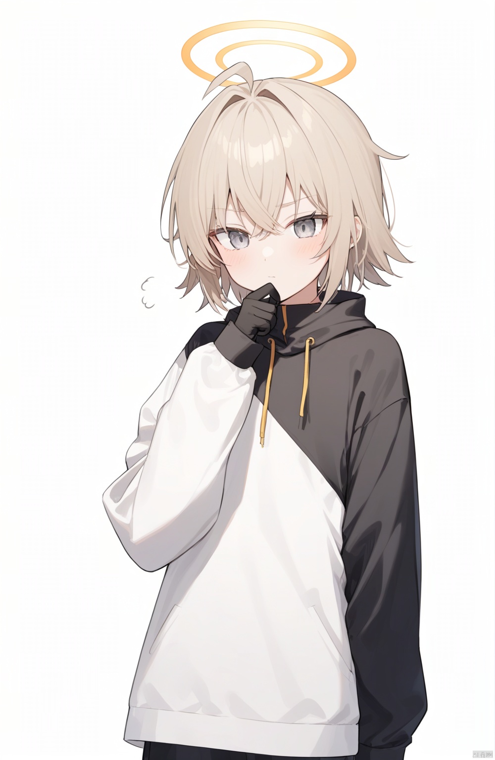  rurudo, 1girl, solo, grey eyes, white background, long sleeves, white hair, simple background, clear face, black gloves, thinking,one arm behind back,a halo overhead
