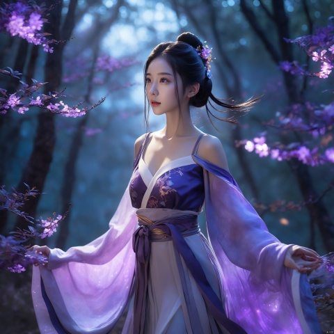  1girl,chinese hanfu,bare_shoulders,breasts,bioluminescent purple flower,fabulous night forest,magical radiance,Concept art,depth of field,Raw photo,realistic,cinematic lighting,soft shadows,sharp focus,fractal,colorful,depth of field,best quality,16k resolution,vivid colors,volumetric lighting,