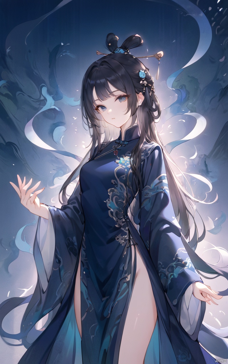  (abstract art:1.4), masterpiece, best quality, ultra high res, beautiful, visually stunning, (1girl:1.3), (dark blue theme:1.2), deep blue, cowboy shot,girl,wuxia,Chinese style,(Small chest:0.75),niji, sunlight, monkren