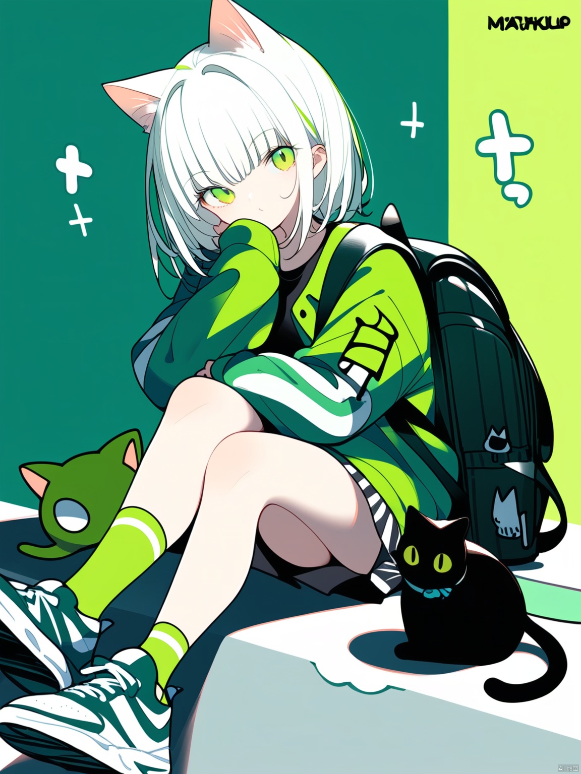  1girl, cat, green eyes, black cat, shoes, white hair, backpack, socks, looking at viewer, jacket, solo, sitting, sneakers, bag, bangs, green jacket, medium hair, animal, green theme, crossed legs, green socks, shirt